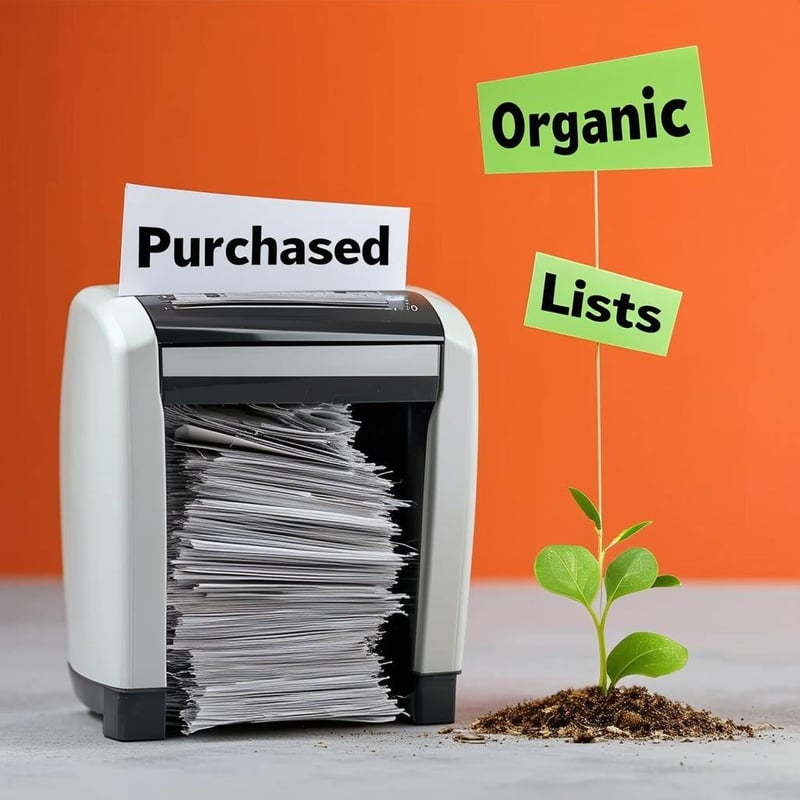 A shredder destroying a stack of paper labeled Purchased Lists with a green sprout growing nearby labeled Organic Growth-1