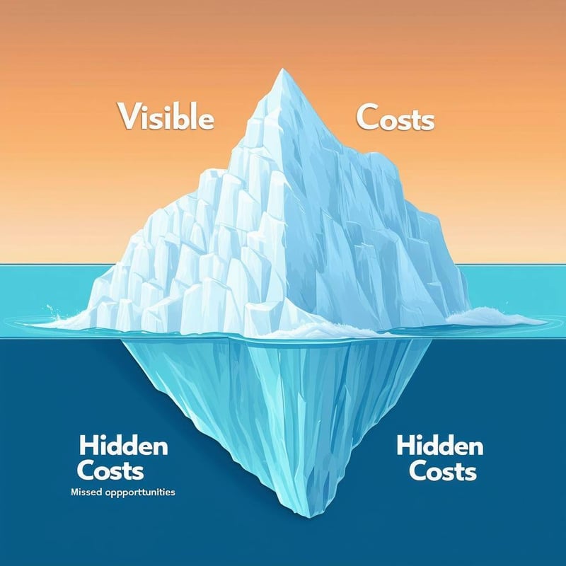 An iceberg showing Visible Costs above water representing direct data cleaning costs and Hidden Costs below showing revenue loss, missed opportuni-3