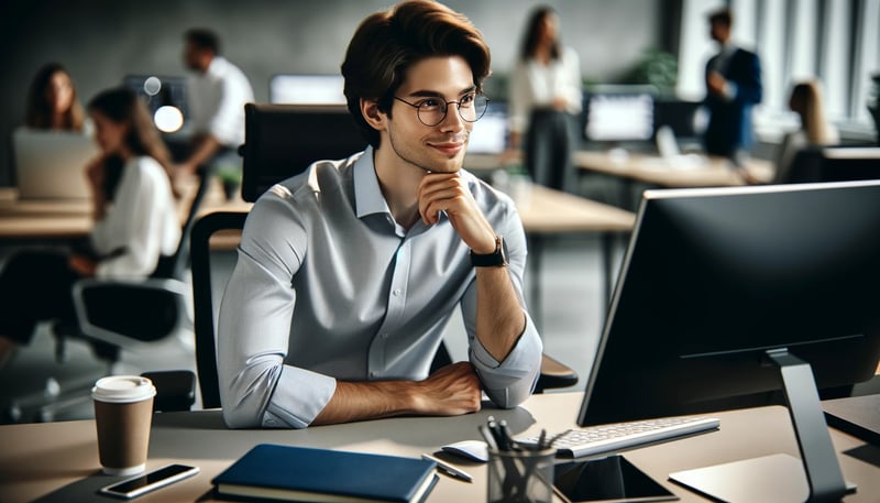 DALL·E 2024-02-19 12.32.01 - A conventional-looking young professional, gender-neutral, experiencing a moment of focused realization at their contemporary office desk. This indivi